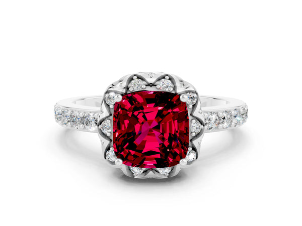 Platinum Cushion Cut Garnet Scalloped Halo Engagement Ring with Round Shared Prong Band