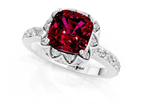 Platinum Cushion Cut Garnet Scalloped Halo Engagement Ring with Round Shared Prong Band