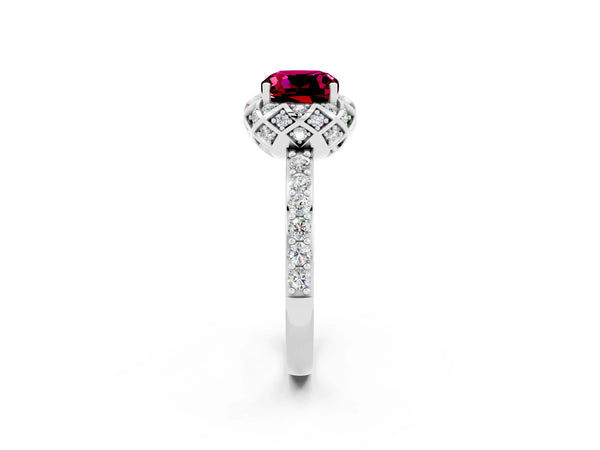 Silver Cushion Cut Garnet Scalloped Halo Engagement Ring with Round Shared Prong Band