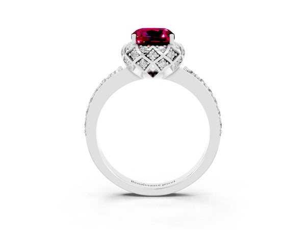 White gold Cushion Cut Garnet Scalloped Halo Engagement Ring with Round Shared Prong Band