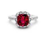 White gold Cushion Cut Garnet Scalloped Halo Engagement Ring with Round Shared Prong Band_24