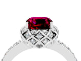 White gold Cushion Cut Garnet Scalloped Halo Engagement Ring with Round Shared Prong Band_28