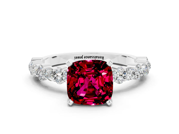 White gold Cushion Cut Garnet Side Stone Solitaire Ring with Round  and Four-Prong Setting