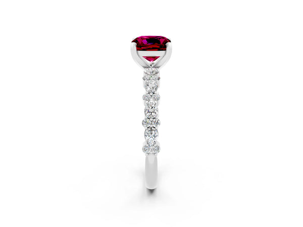 Platinum Cushion Cut Garnet Side Stone Solitaire Ring with Round  and Four-Prong Setting