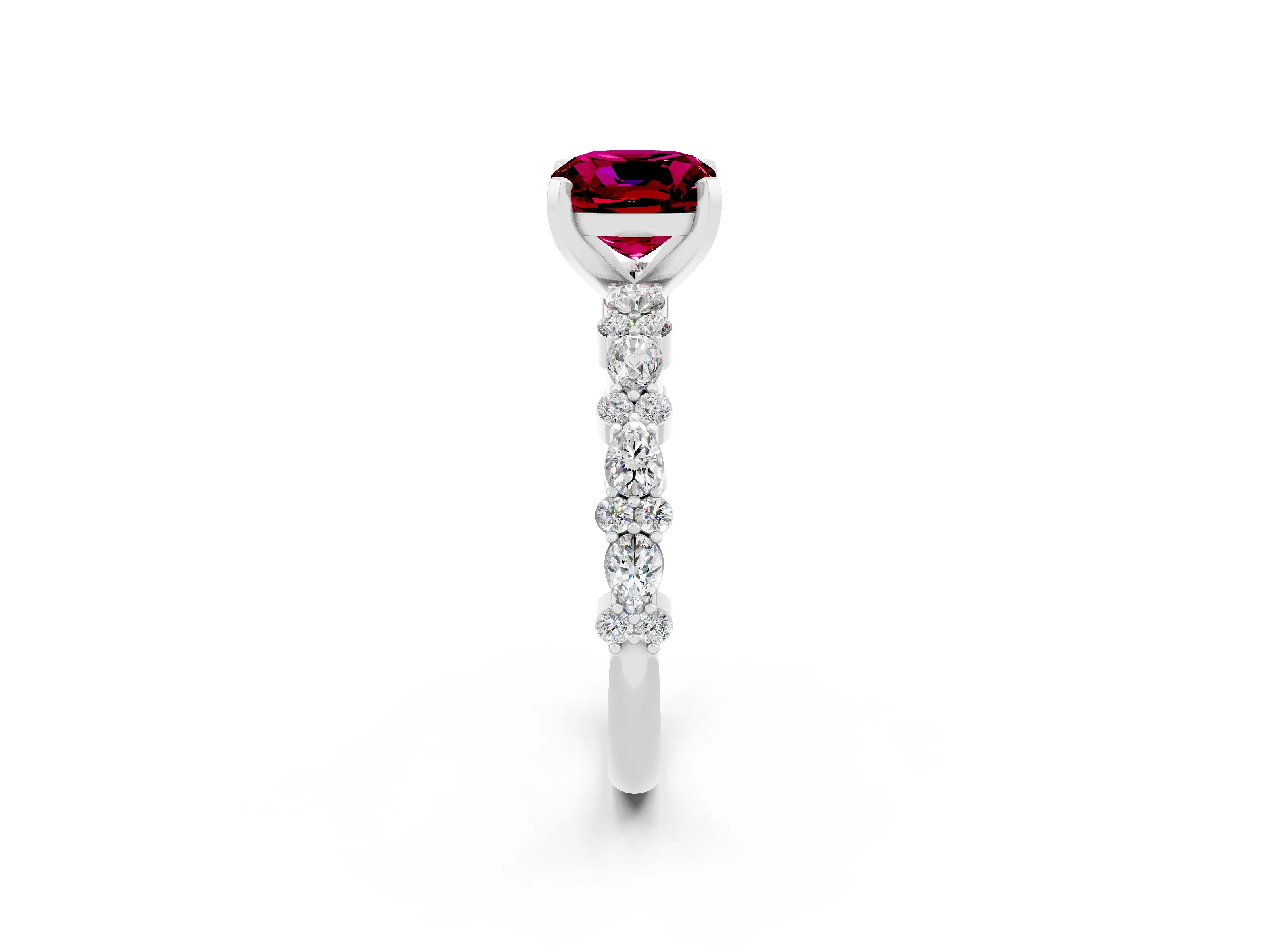 White gold Cushion Cut Garnet Side Stone Solitaire Ring with Round  and Four-Prong Setting_50