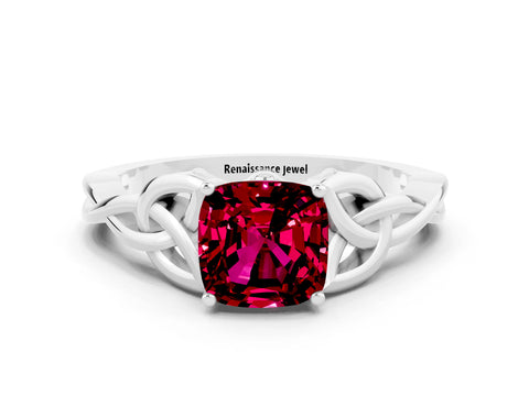 White gold Cushion Cut Garnet Solitaire Celtic Knot Ring with Four-Prong Setting_12