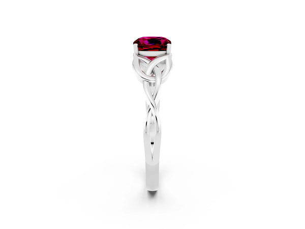 Silver Cushion Cut Garnet Solitaire Celtic Knot Ring with Four-Prong Setting