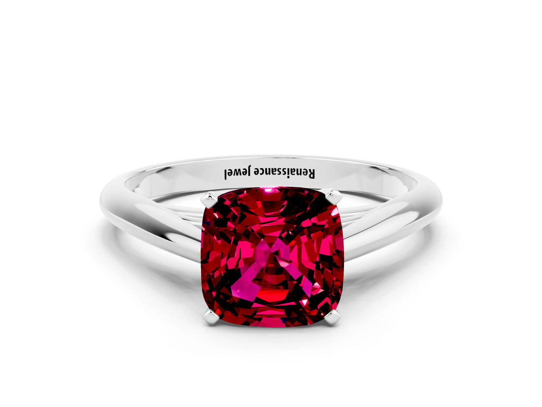 White gold Cushion Cut Garnet Solitaire Engagement Ring with Cathedral Setting and Four-Prong Mount_108