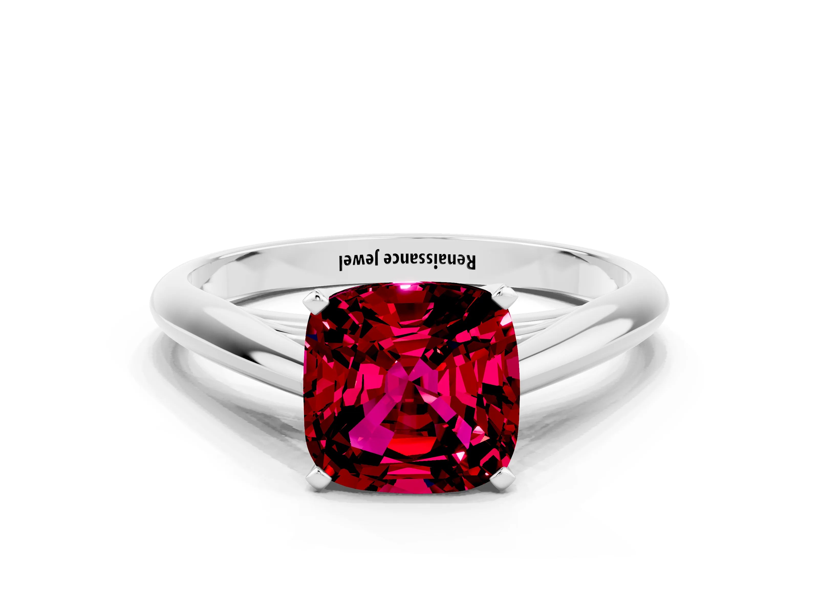 White gold Cushion Cut Garnet Solitaire Engagement Ring with Cathedral Setting and Four-Prong Mount_12