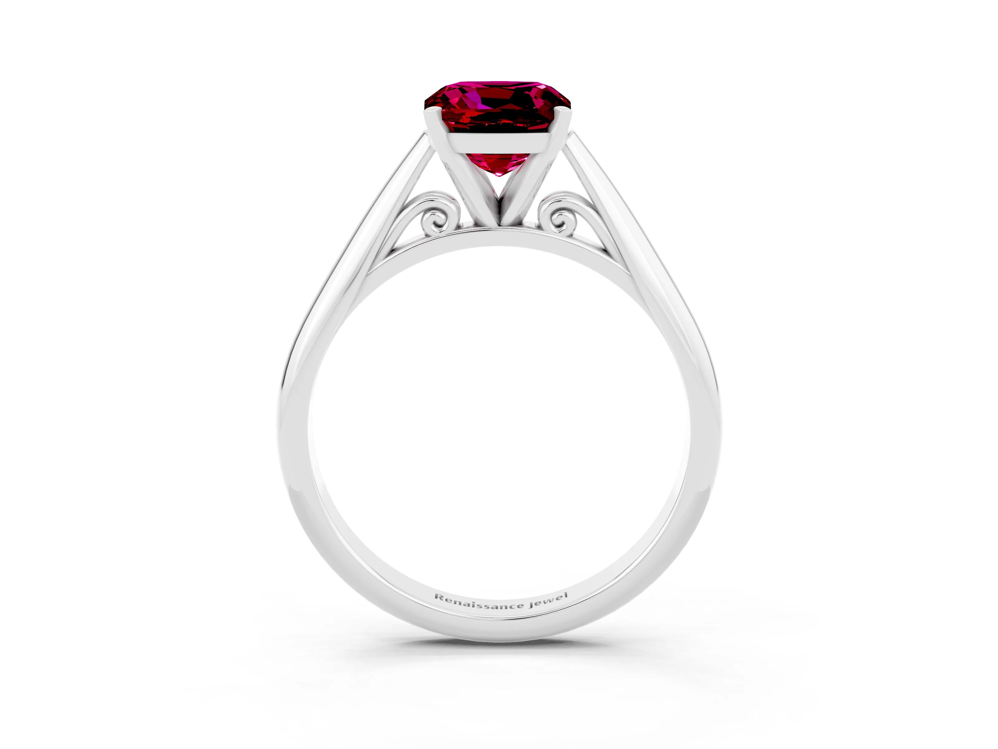 White gold Cushion Cut Garnet Solitaire Engagement Ring with Cathedral Setting and Four-Prong Mount_27