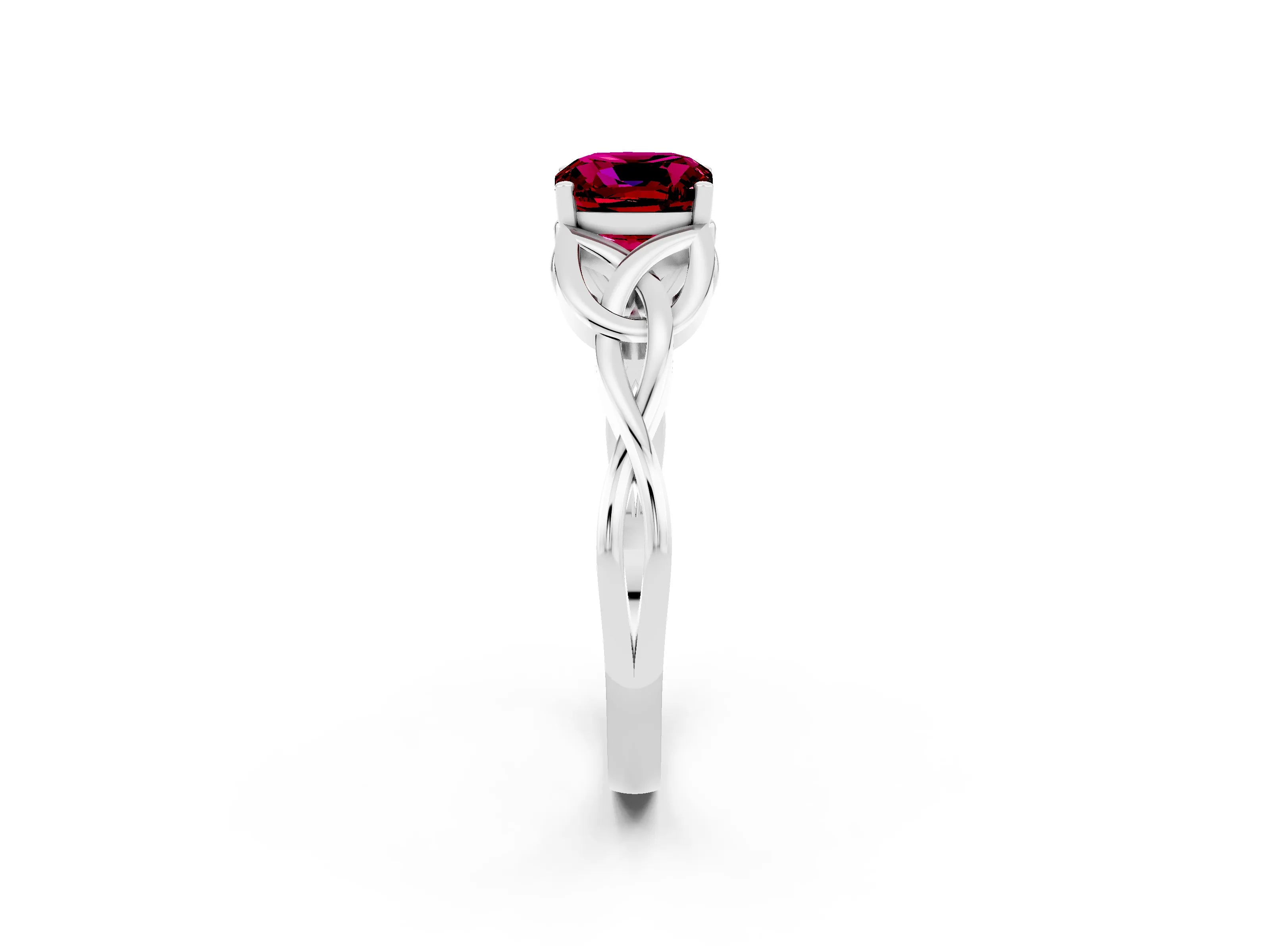 White gold Cushion Cut Garnet Solitaire Engagement Ring with Celtic Knot Band and Four-Prong Setting_2