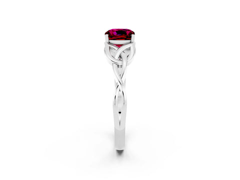 White gold Cushion Cut Garnet Solitaire Engagement Ring with Celtic Knot Band and Four-Prong Setting_2
