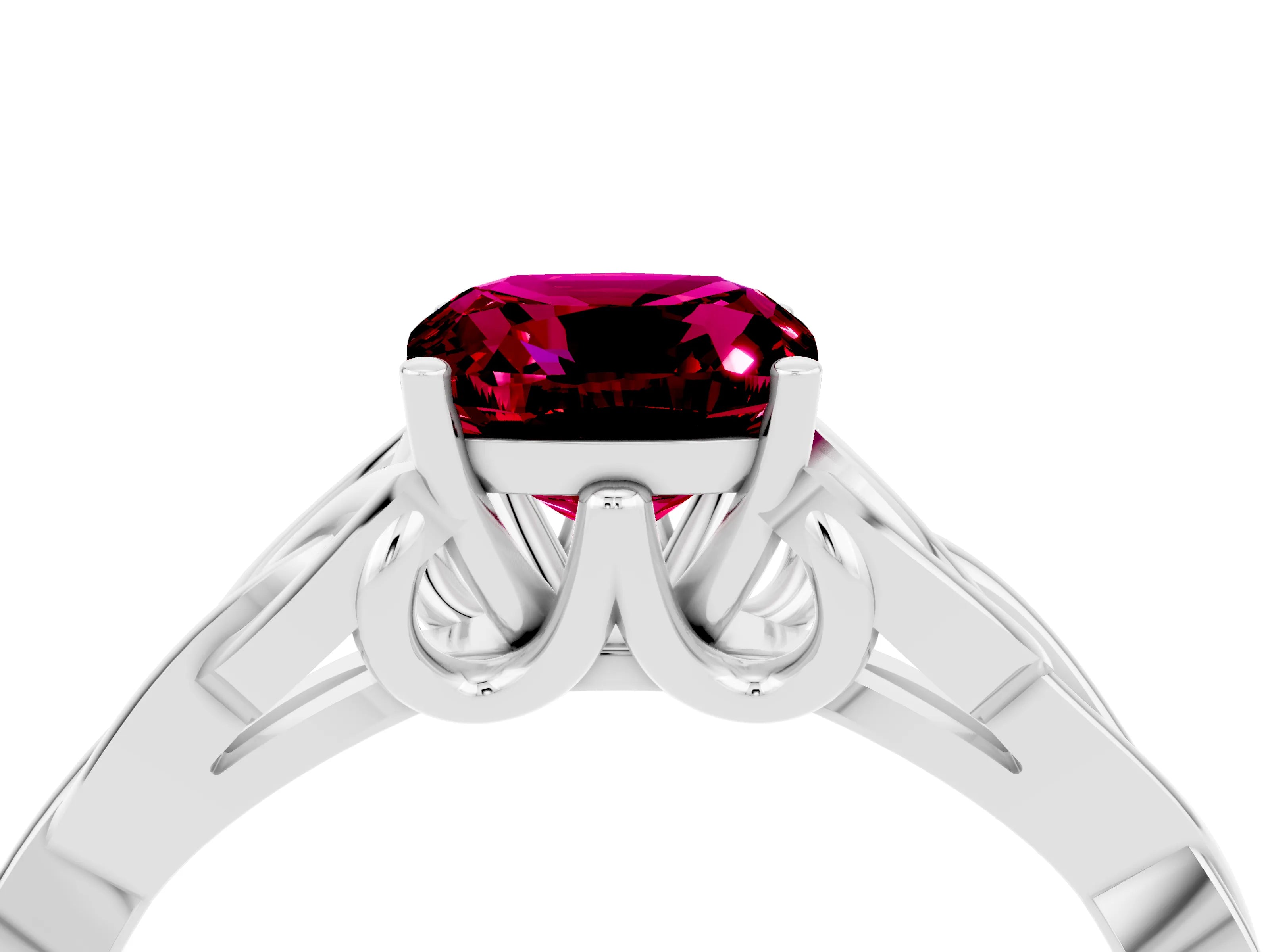White gold Cushion Cut Garnet Solitaire Engagement Ring with Celtic Knot Band and Four-Prong Setting_4