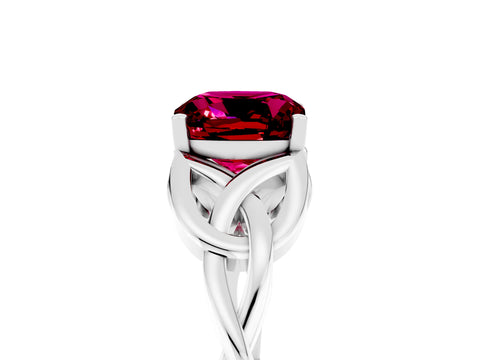 White gold Cushion Cut Garnet Solitaire Engagement Ring with Celtic Knot Band and Four-Prong Setting_5