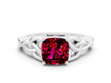 White gold Cushion Cut Garnet Solitaire Engagement Ring with Celtic Knot Band and Four-Prong Setting