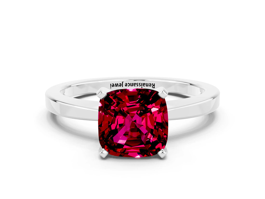 White gold Cushion Cut Garnet Solitaire Engagement Ring with Classic Band and Four-Prong Setting_24