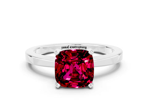 White gold Cushion Cut Garnet Solitaire Engagement Ring with Classic Band and Four-Prong Setting_24