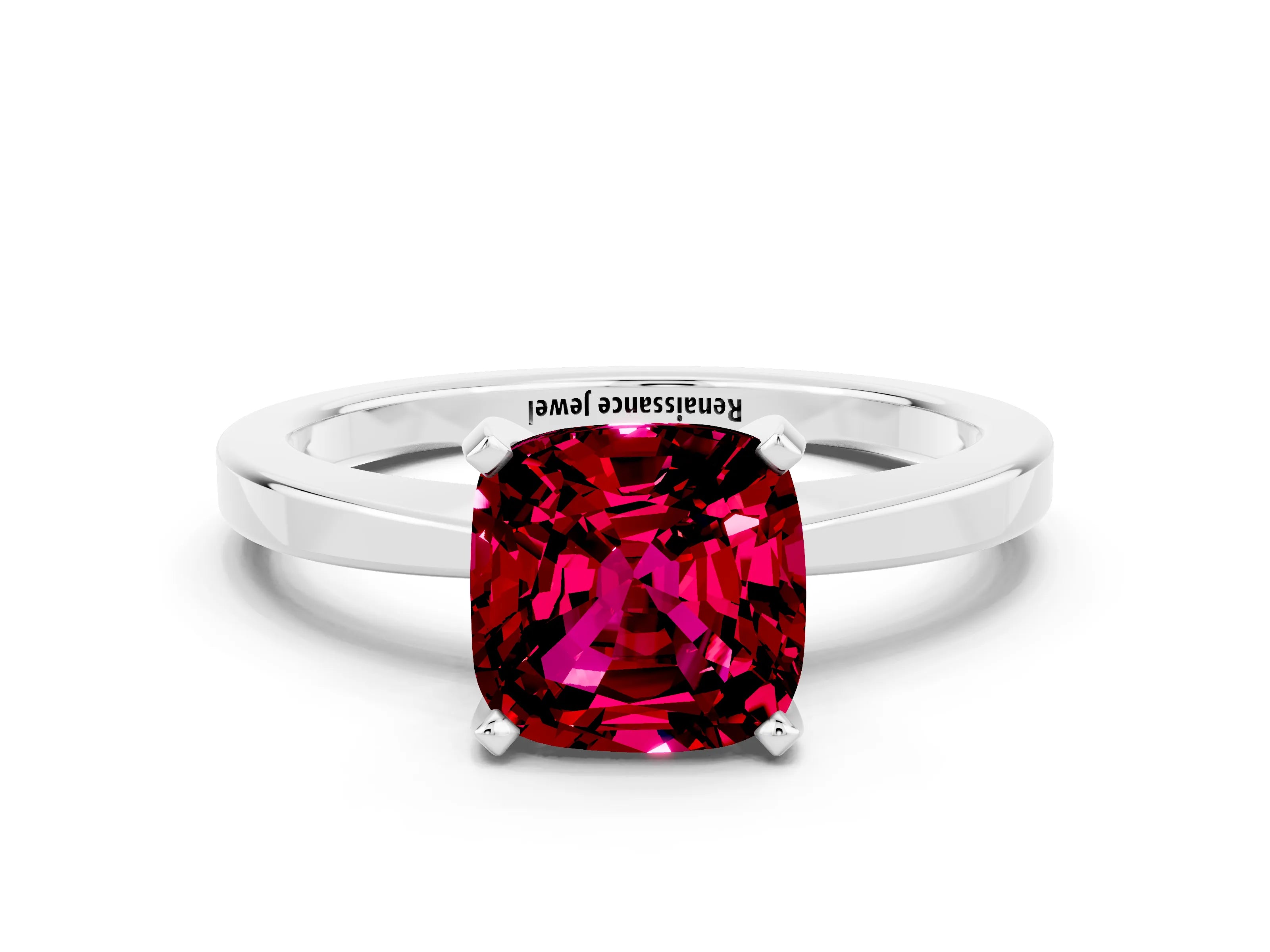 White gold Cushion Cut Garnet Solitaire Engagement Ring with Classic Band and Four-Prong Setting_24