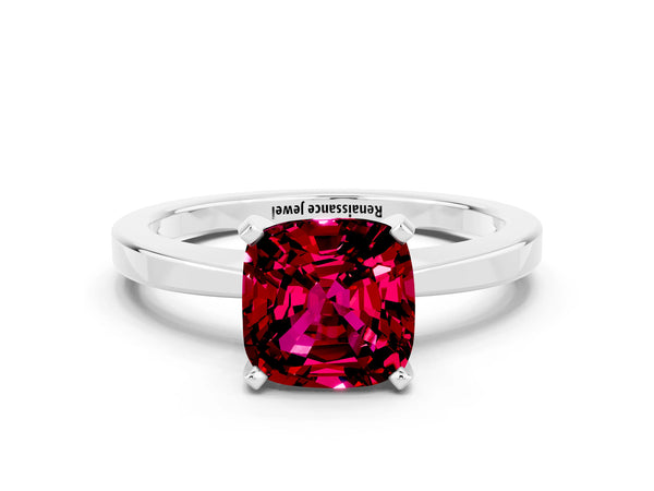 Silver Cushion Cut Garnet Solitaire Engagement Ring with Classic Band and Four-Prong Setting