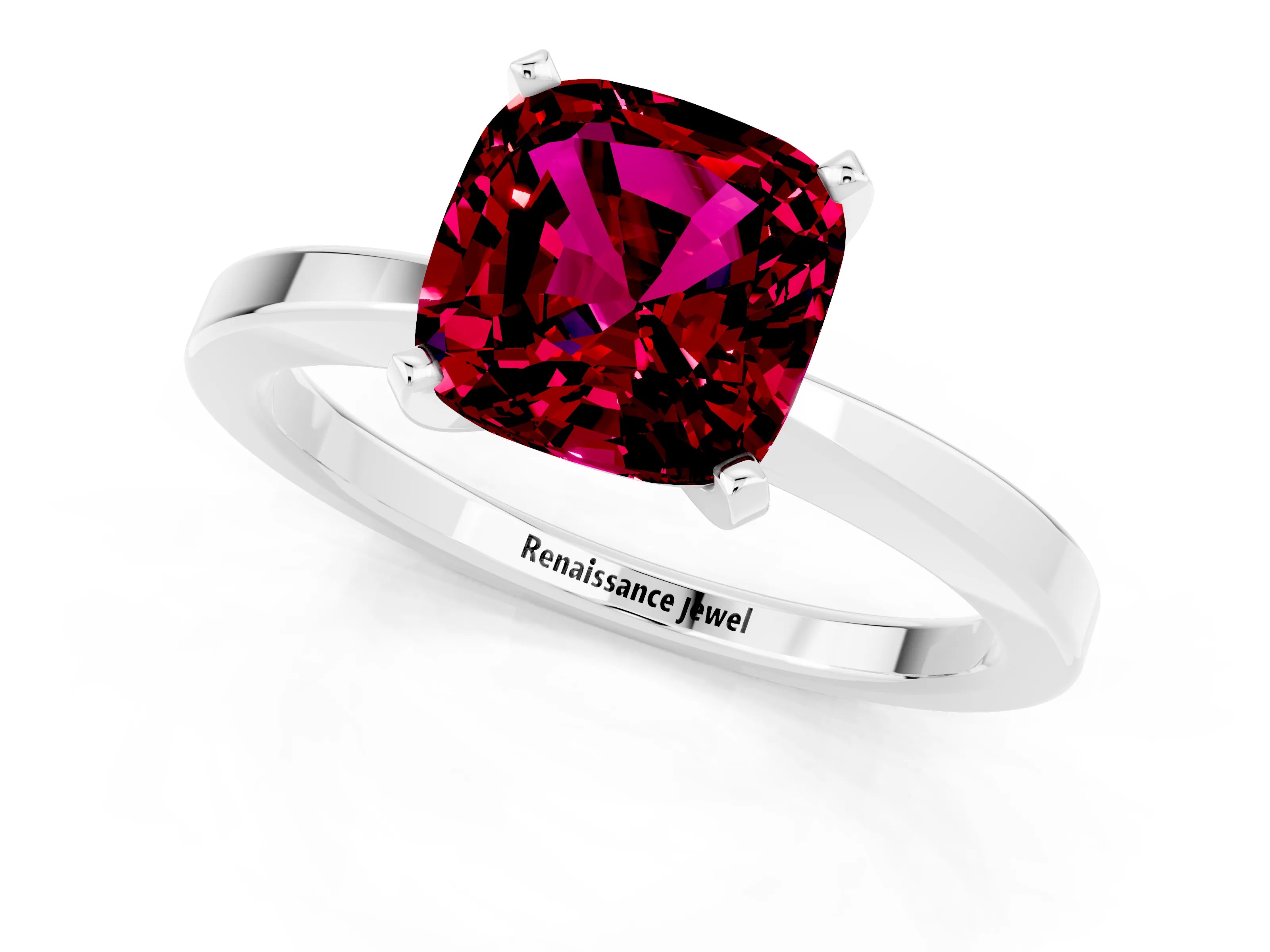 White gold Cushion Cut Garnet Solitaire Engagement Ring with Classic Band and Four-Prong Setting_25