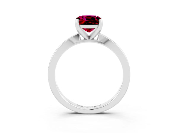 Silver Cushion Cut Garnet Solitaire Engagement Ring with Classic Band and Four-Prong Setting