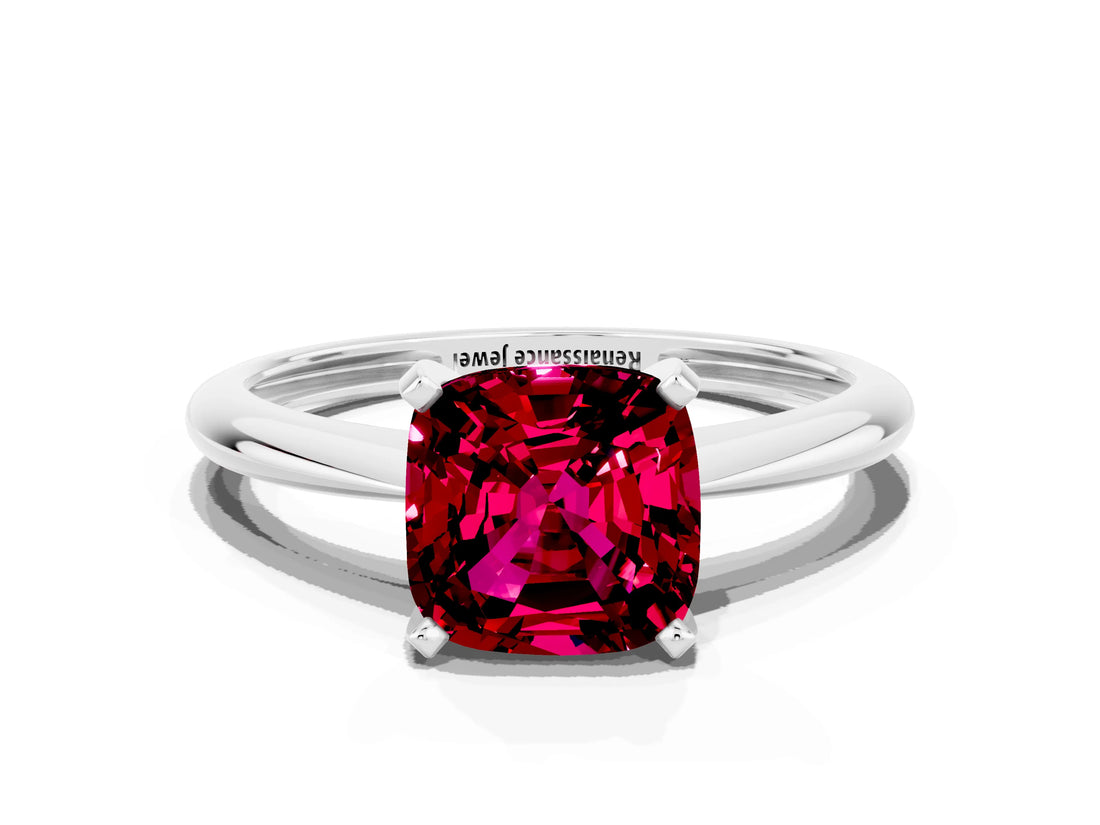 White gold Cushion Cut Garnet Solitaire Engagement Ring with Classic Band and Four-Prong Setting_36