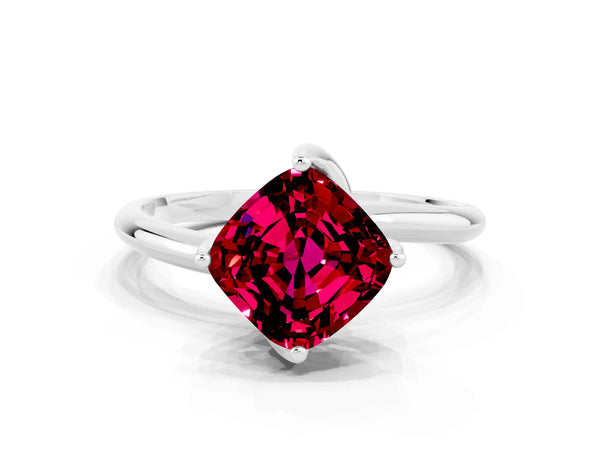 Platinum Cushion Cut Garnet Solitaire Engagement Ring with Four-Prong Setting and Classic Band