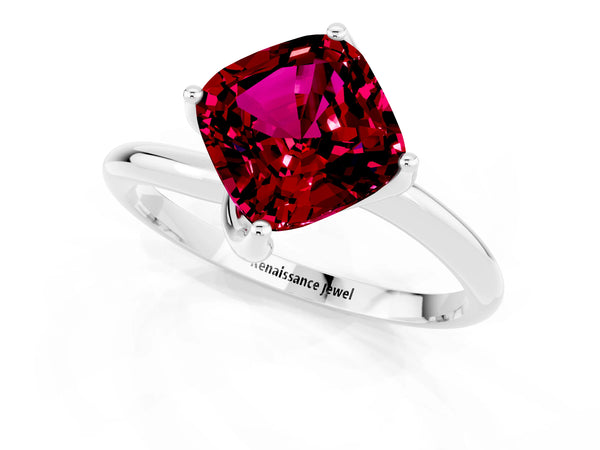 Platinum Cushion Cut Garnet Solitaire Engagement Ring with Four-Prong Setting and Classic Band