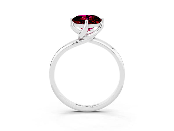 Platinum Cushion Cut Garnet Solitaire Engagement Ring with Four-Prong Setting and Classic Band