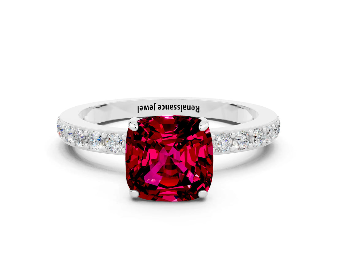 White gold Cushion Cut Garnet Solitaire Engagement Ring with Pavé Band and Four-Prong Setting