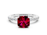 White gold Cushion Cut Garnet Solitaire Engagement Ring with Pavé Band and Four-Prong Setting