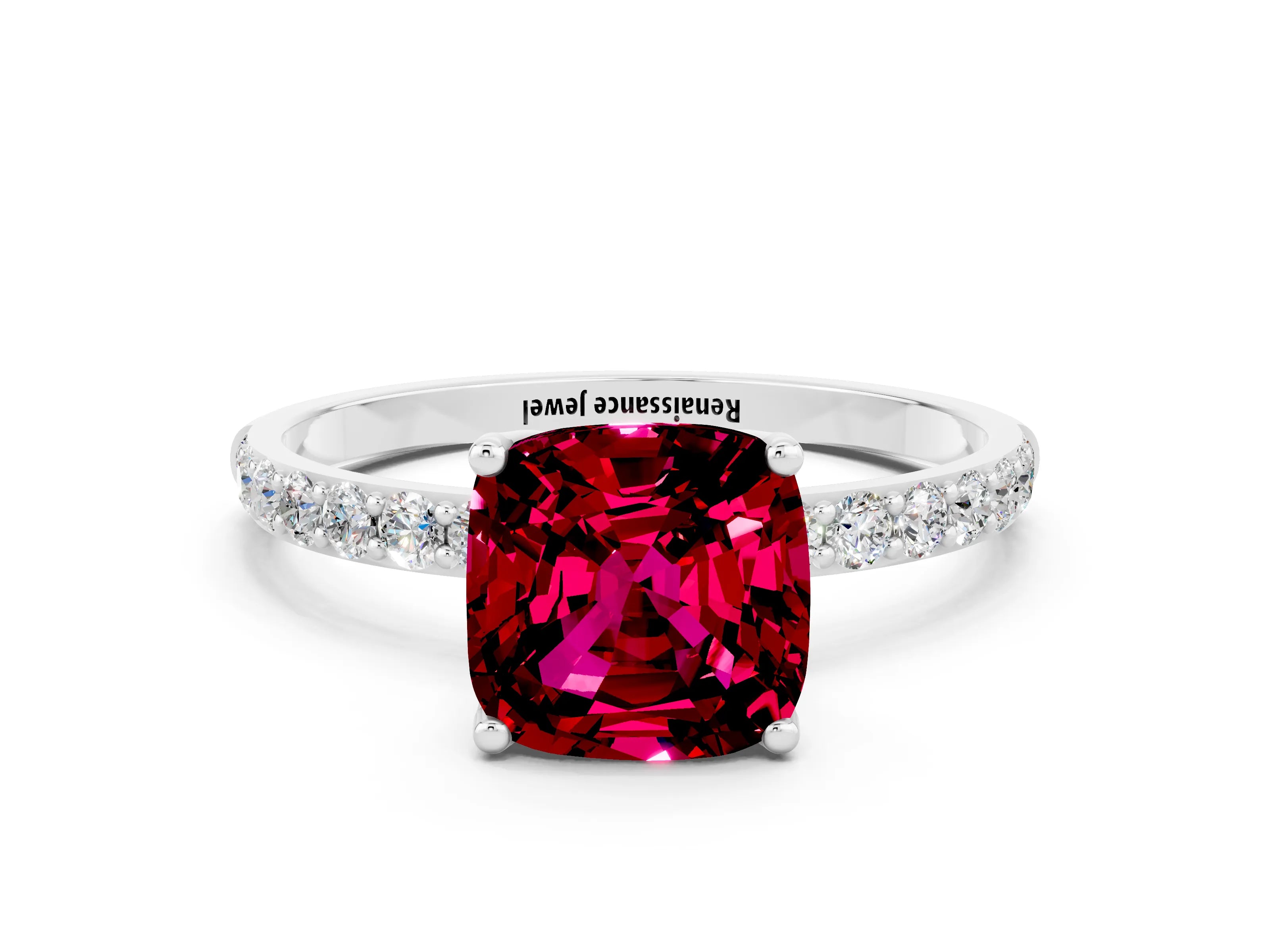 White gold Cushion Cut Garnet Solitaire Engagement Ring with Pavé Band and Prong Setting