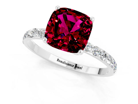 White gold Cushion Cut Garnet Solitaire Engagement Ring with Pavé Band and Prong Setting_1