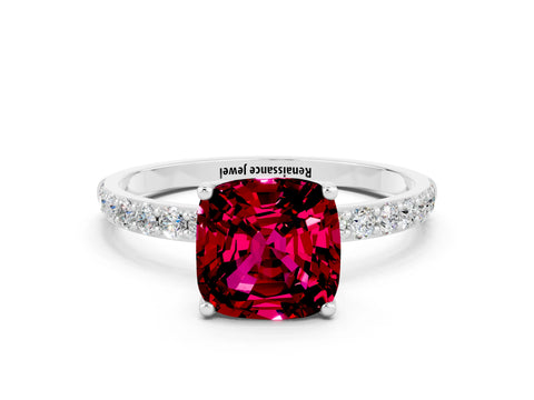 White gold Cushion Cut Garnet Solitaire Engagement Ring with Pavé Band and Prong Setting