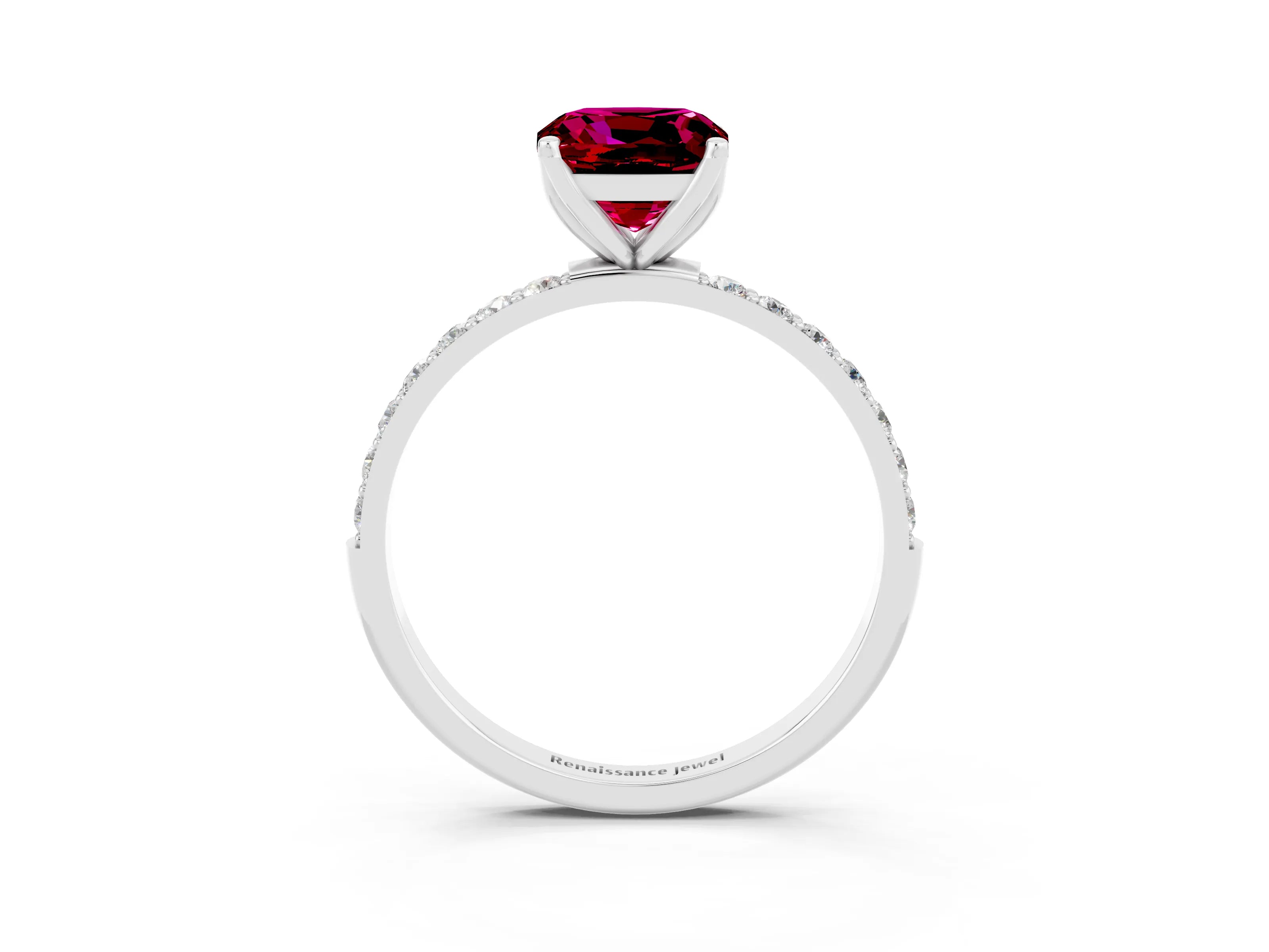 White gold Cushion Cut Garnet Solitaire Engagement Ring with Pavé Band and Prong Setting_3