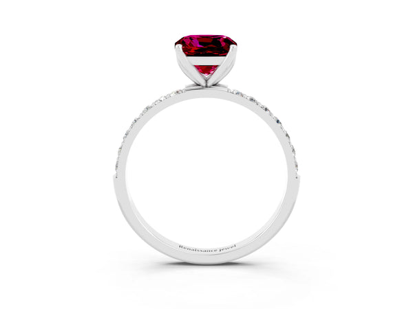 Silver Cushion Cut Garnet Solitaire Engagement Ring with Round  Pavé Band and Prong Setting