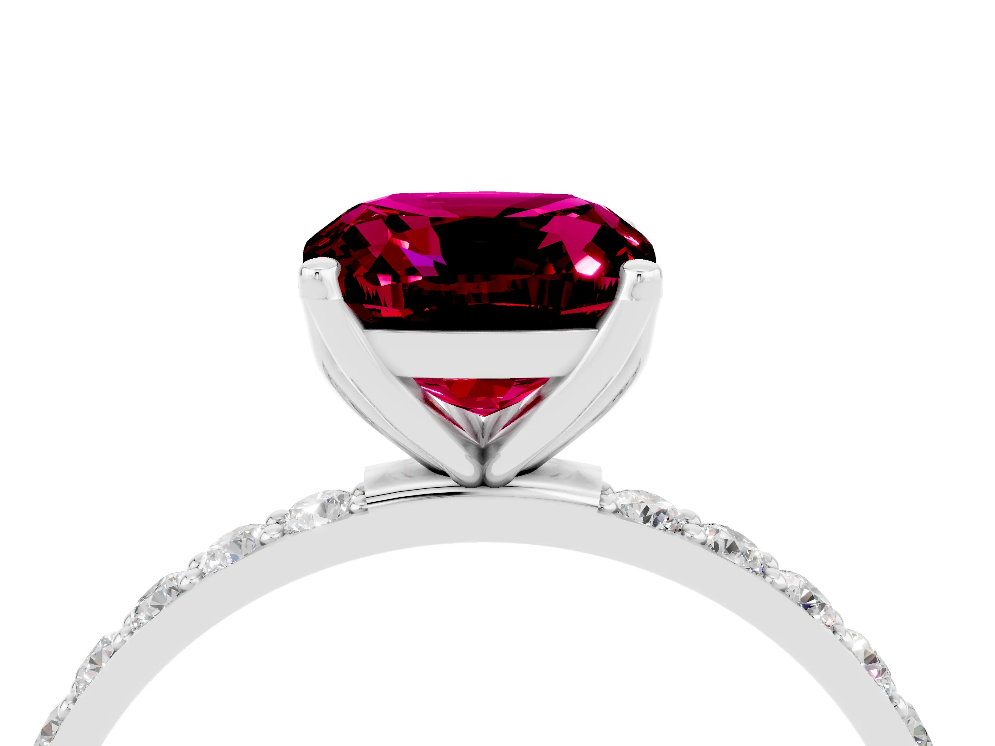 White gold Cushion Cut Garnet Solitaire Engagement Ring with Pavé Band and Prong Setting_4