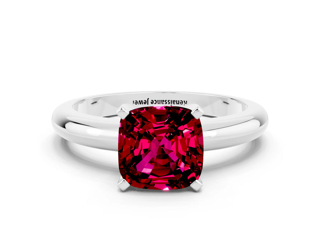 White gold Cushion Cut Garnet Solitaire Engagement Ring with Round Band and Four-Prong Setting