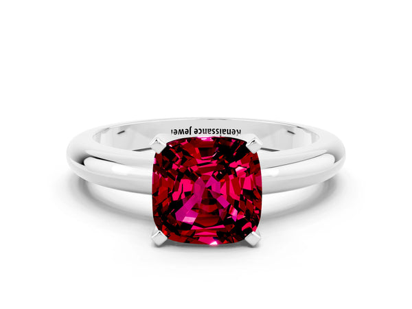 Platinum Cushion Cut Garnet Solitaire Engagement Ring with Round Band and Four-Prong Setting