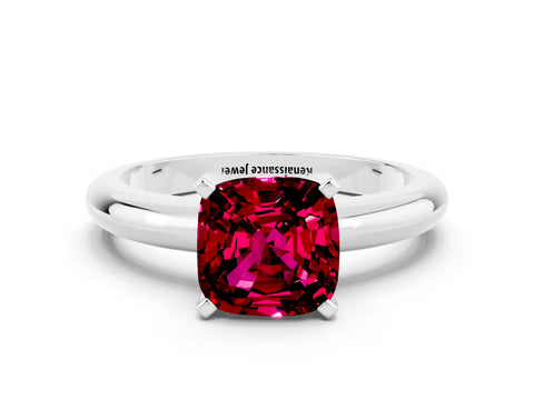 White gold Cushion Cut Garnet Solitaire Engagement Ring with Round Band and Four-Prong Setting