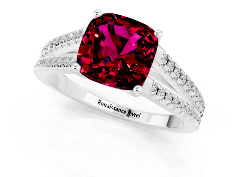 White gold Cushion Cut Garnet Solitaire Engagement Ring with Split Shank Pavé Band_1