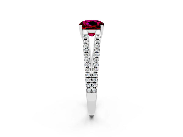 Silver Cushion Cut Garnet Solitaire Engagement Ring with Split Shank Pavé Band