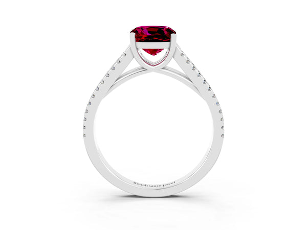 Platinum Cushion Cut Garnet Solitaire Engagement Ring with Split Shank Pavé Band