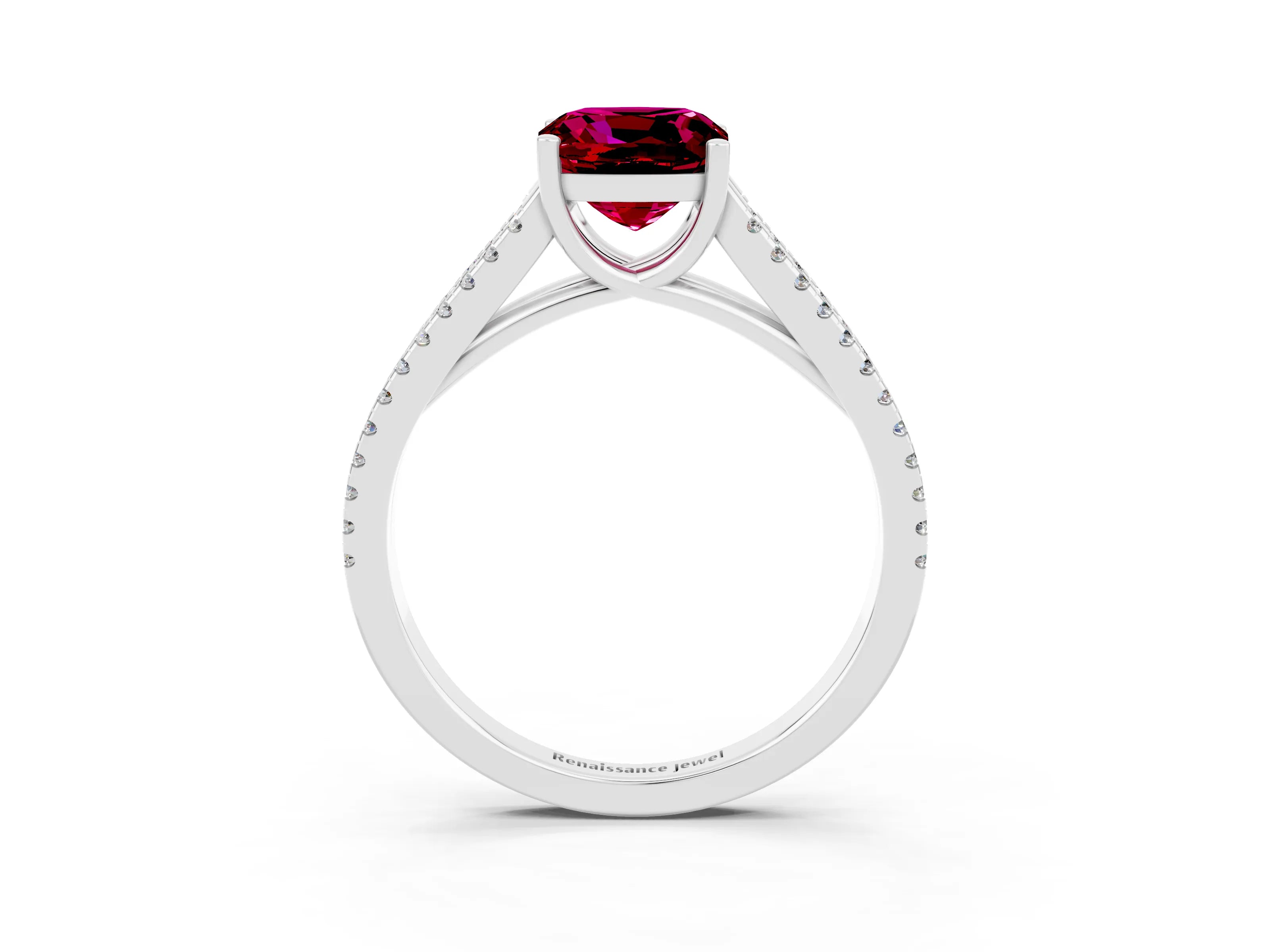 White gold Cushion Cut Garnet Solitaire Engagement Ring with Split Shank Pavé Band_3