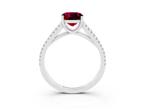 White gold Cushion Cut Garnet Solitaire Engagement Ring with Split Shank Pavé Band_3