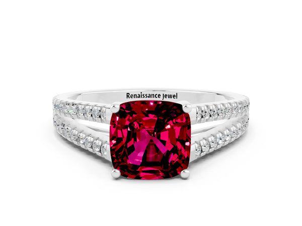 White gold Cushion Cut Garnet Solitaire Engagement Ring with Split Shank Pavé Band