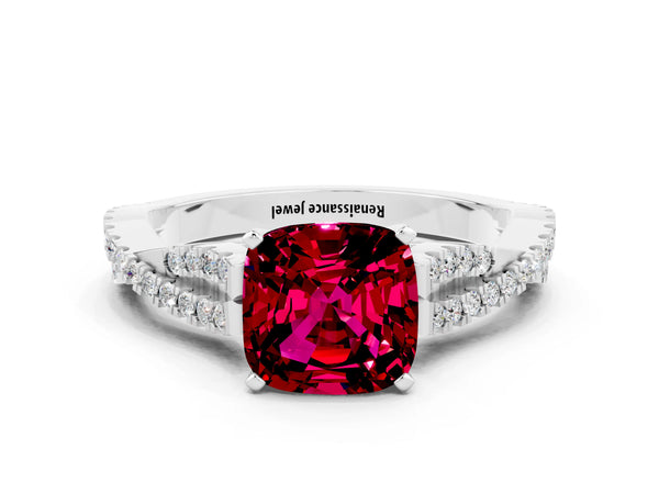 White gold Cushion Cut Garnet Solitaire Engagement Ring with Twisted Pavé Band and Four-Prong Setting
