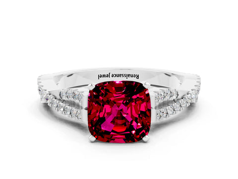 White gold Cushion Cut Garnet Solitaire Engagement Ring with Twisted Pavé Band and Four-Prong Setting_12