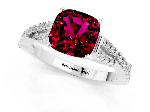 White gold Cushion Cut Garnet Solitaire Engagement Ring with Twisted Pavé Band and Four-Prong Setting_13