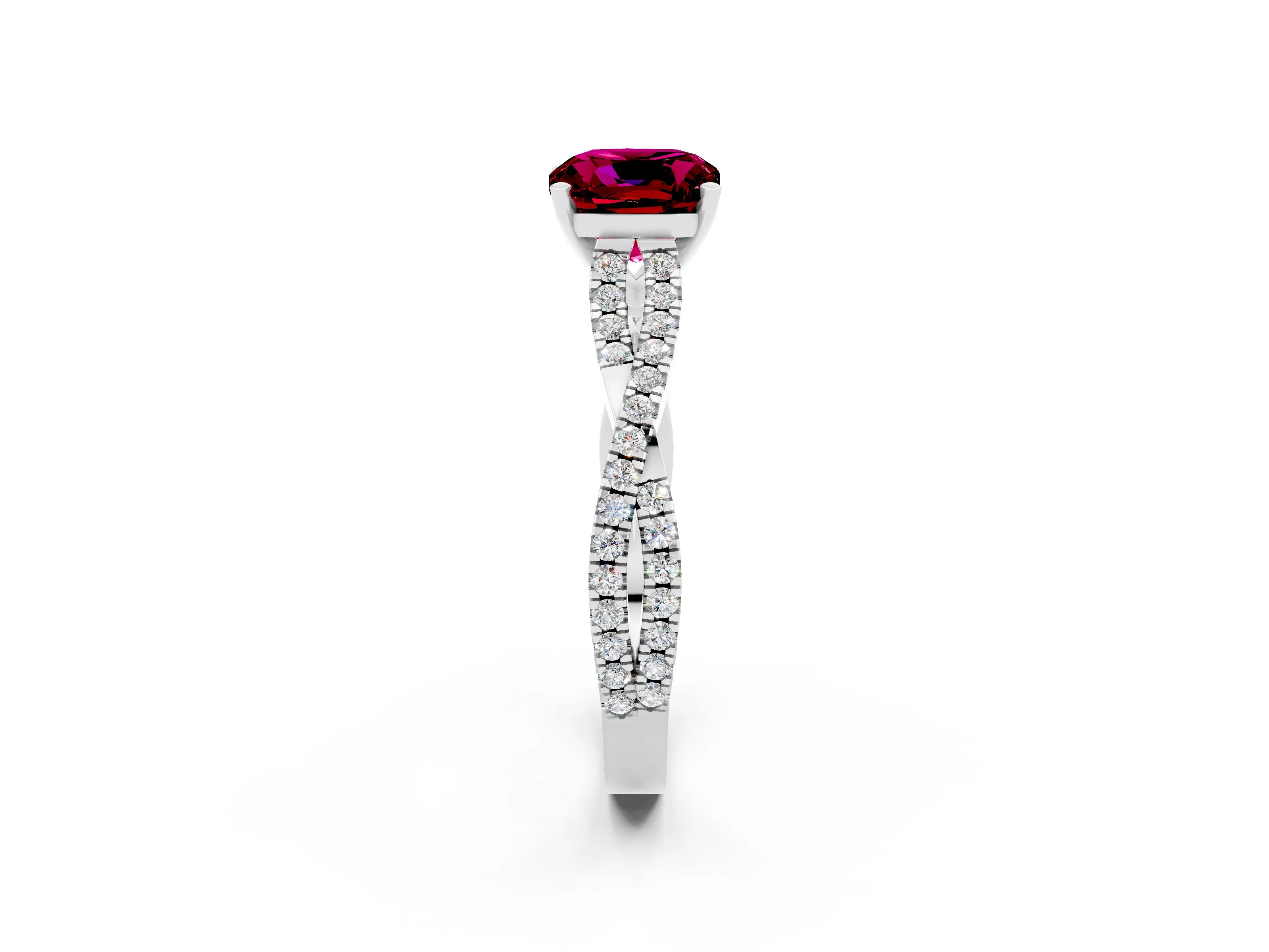 White gold Cushion Cut Garnet Solitaire Engagement Ring with Twisted Pavé Band and Four-Prong Setting_14